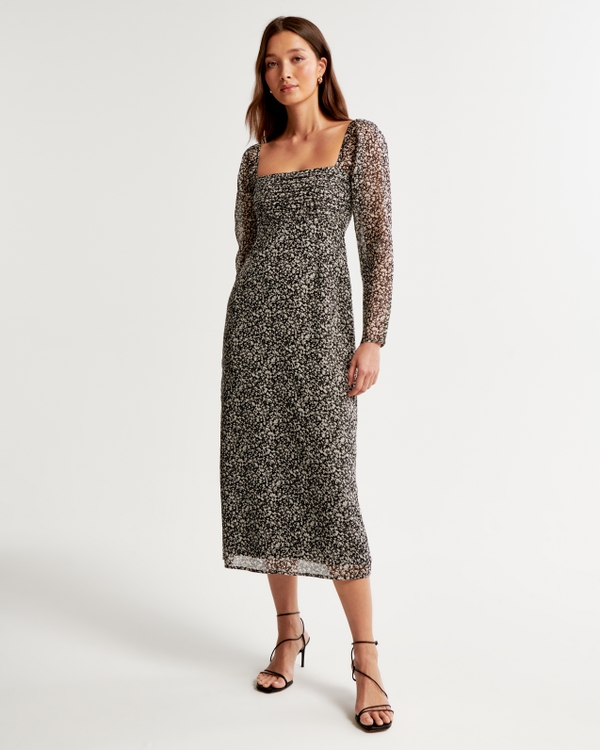 The A&F Emerson Chiffon Long-Sleeve Midi Dress, Black Pattern