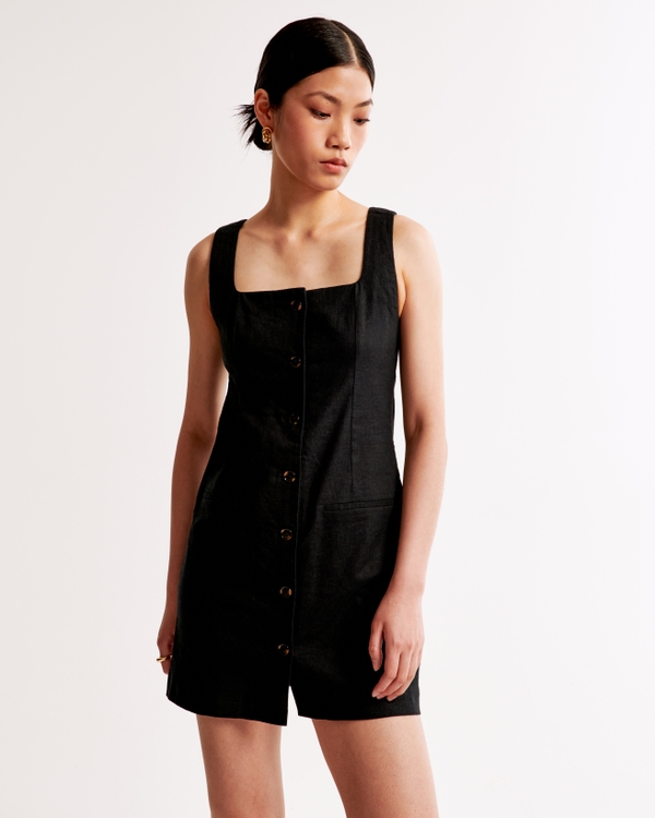 The A&F Mara Squareneck Linen-Blend Vest Mini Dress, Black