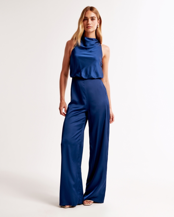 High-Neck Draped Jumpsuit, Navy view 1
