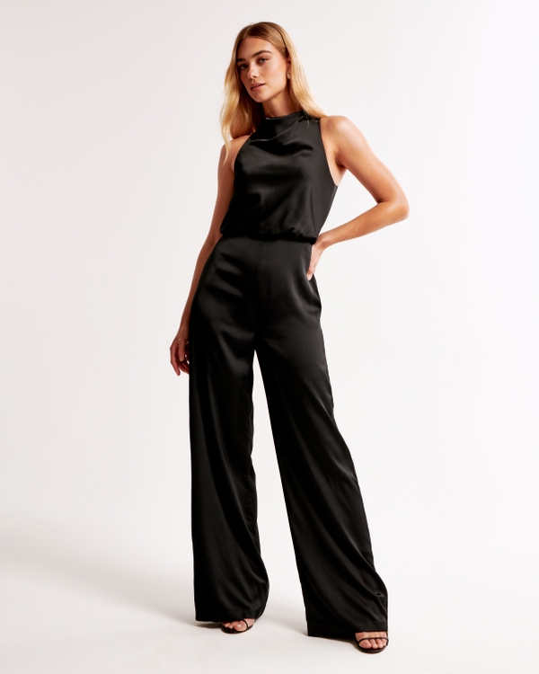 High-Neck Draped Jumpsuit, Black