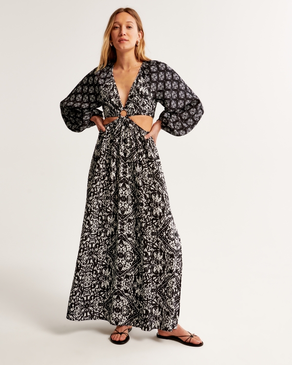Long-Sleeve Plunge Cutout Maxi Dress, Black Pattern