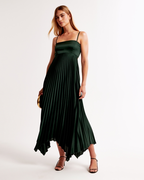 The A&F Giselle Clasp-Back Pleated Midi Dress, Deep Green