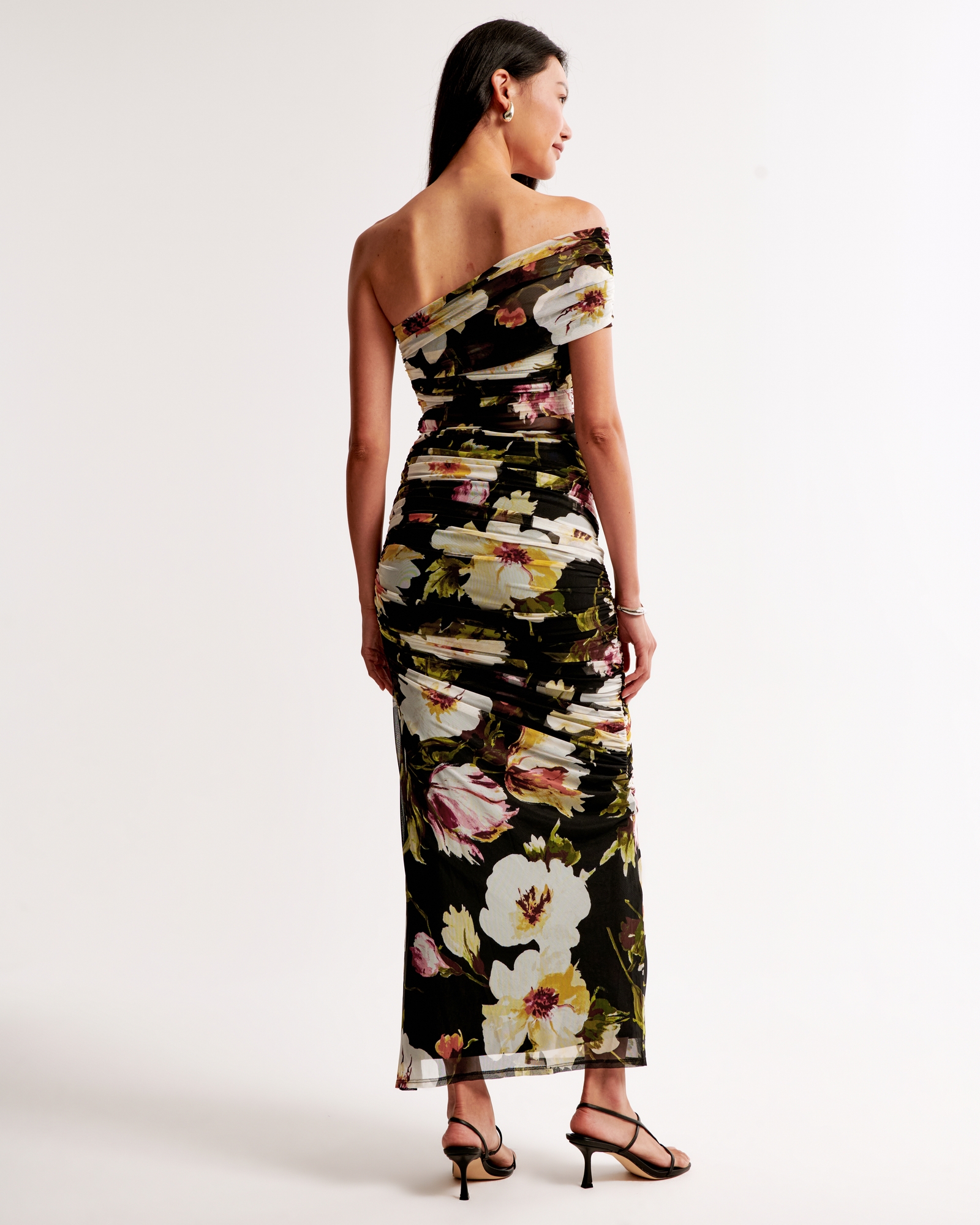 Mesh Asymmetrical Off-The-Shoulder Draped Maxi Dress