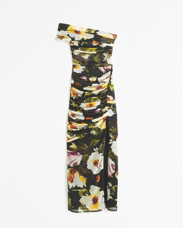 Mesh Asymmetrical Off-The-Shoulder Draped Maxi Dress, Black Floral view 1
