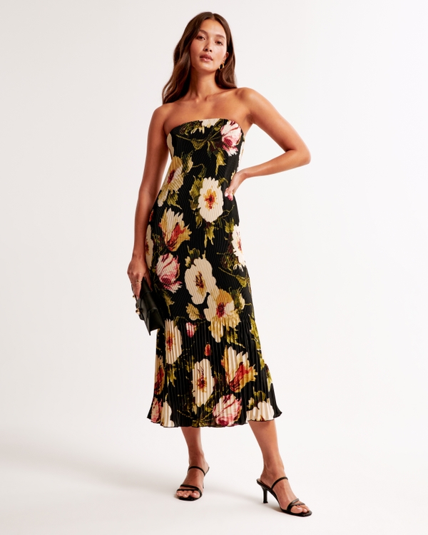 The A&F Giselle Pleat Release Midi Dress, Black Floral