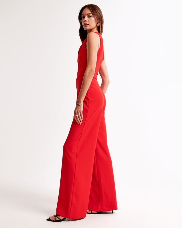 One-Shoulder Crepe Jumpsuit, Red