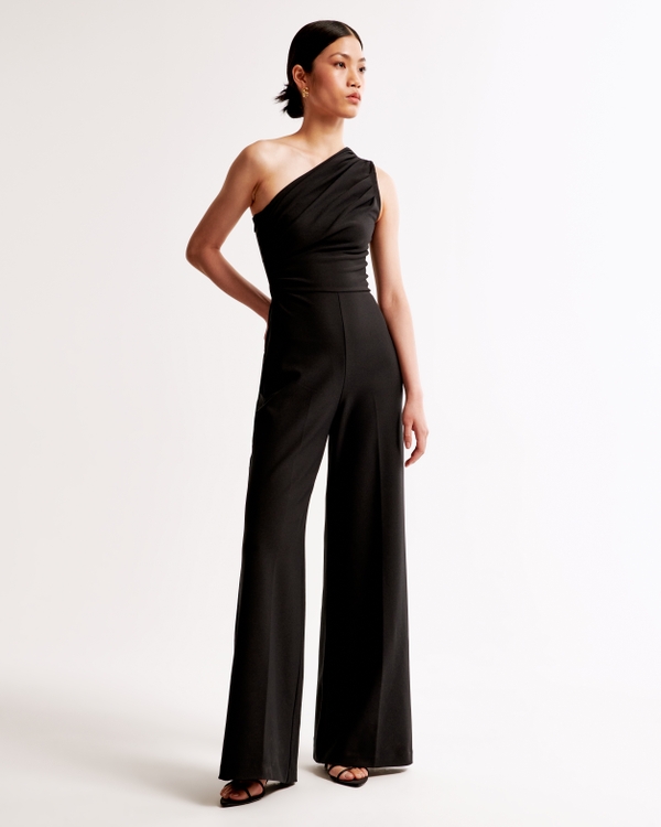 One-Shoulder Crepe Jumpsuit, Black