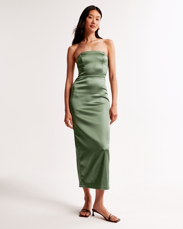Strapless Satin Sculpt Maxi Dress, Green view 1