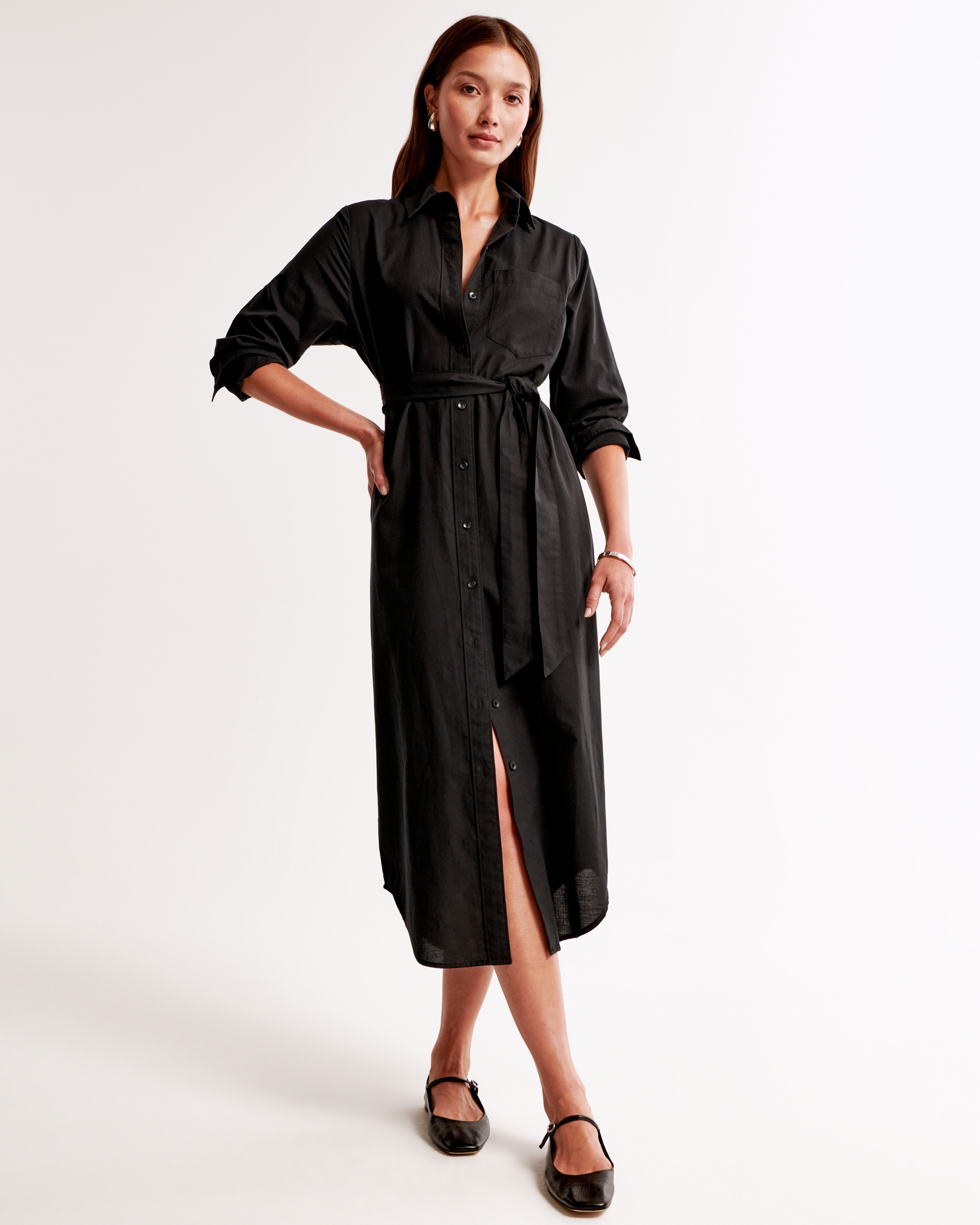 Long-Sleeve Belted Shirt Dress