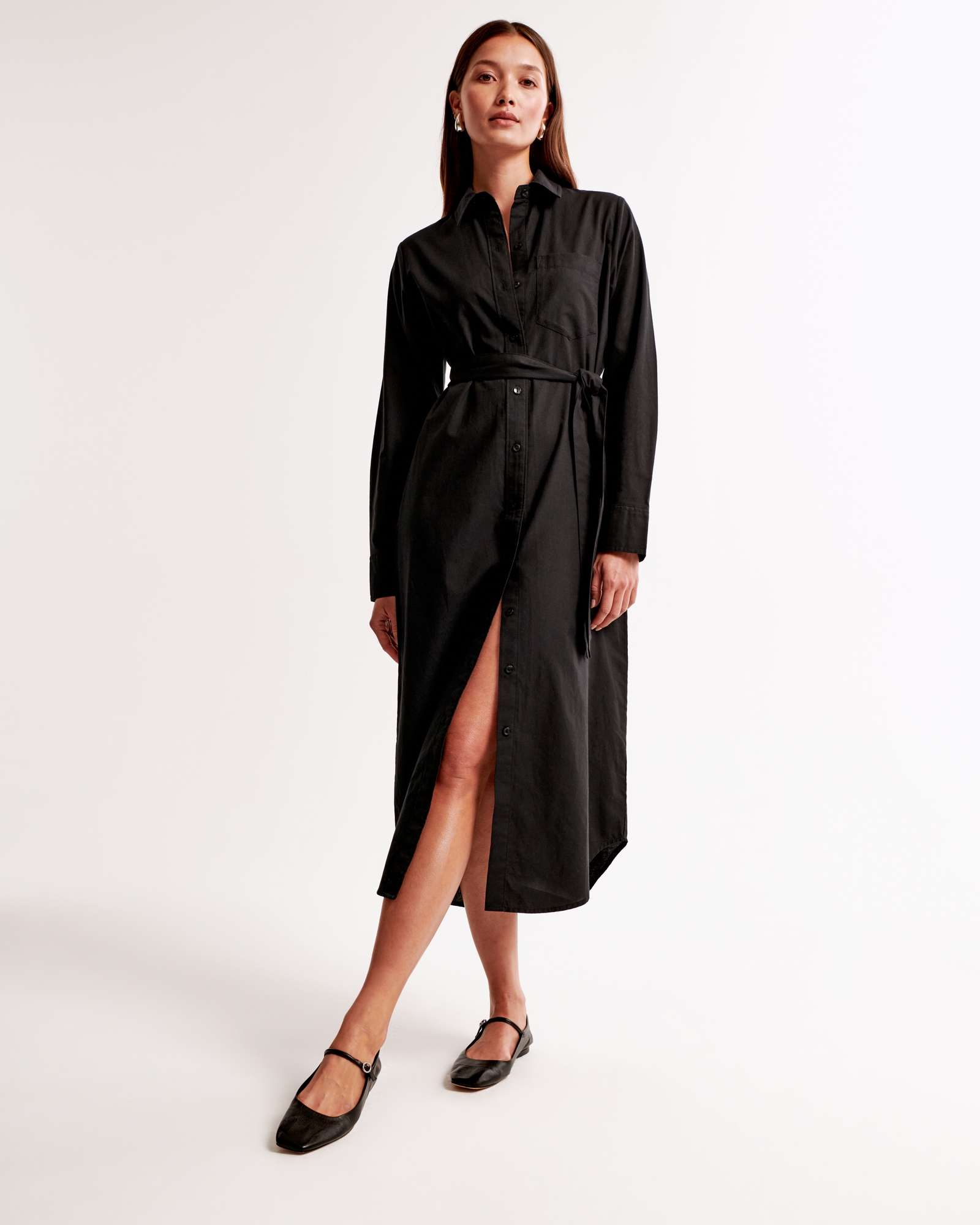 Long-Sleeve Belted Shirt Dress