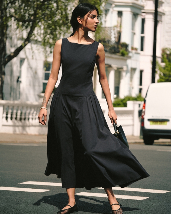 Drop-Waist Midi Dress, Black