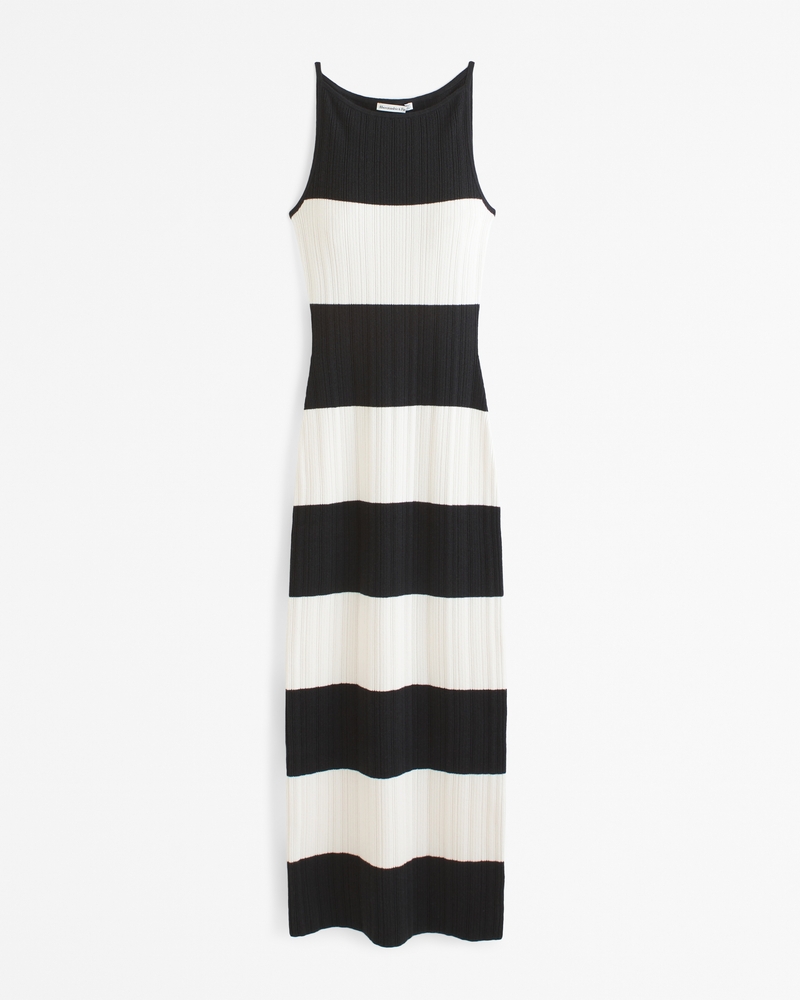 High Collar Black White Striped Midi Dress High Collar Black White Striped Midi Dress