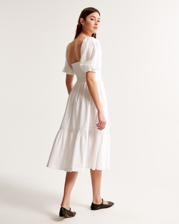 The A&F Emerson Linen-Blend Puff Sleeve Midi Dress, White