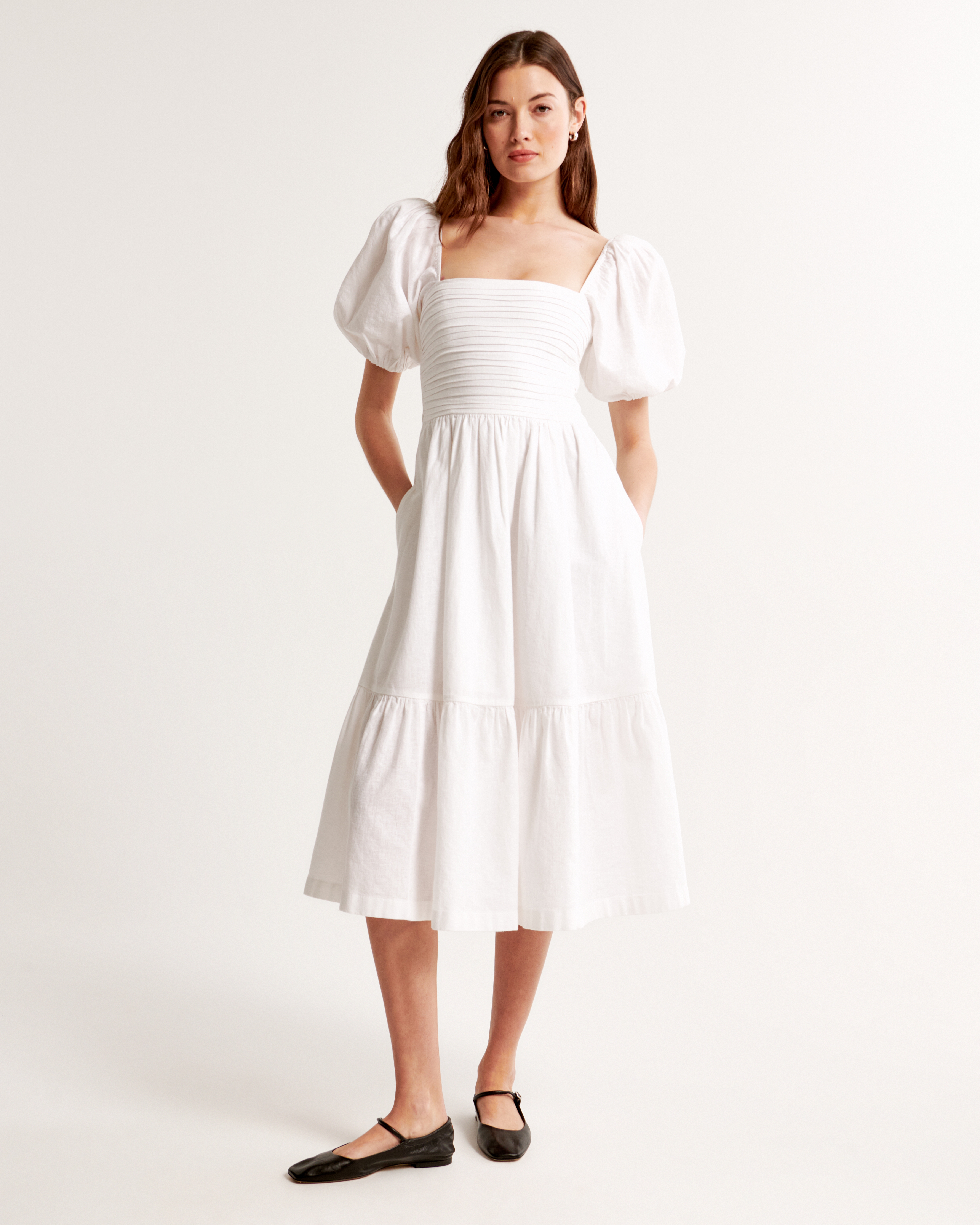 Popular A&F Smocked bodice linen blend midi dress