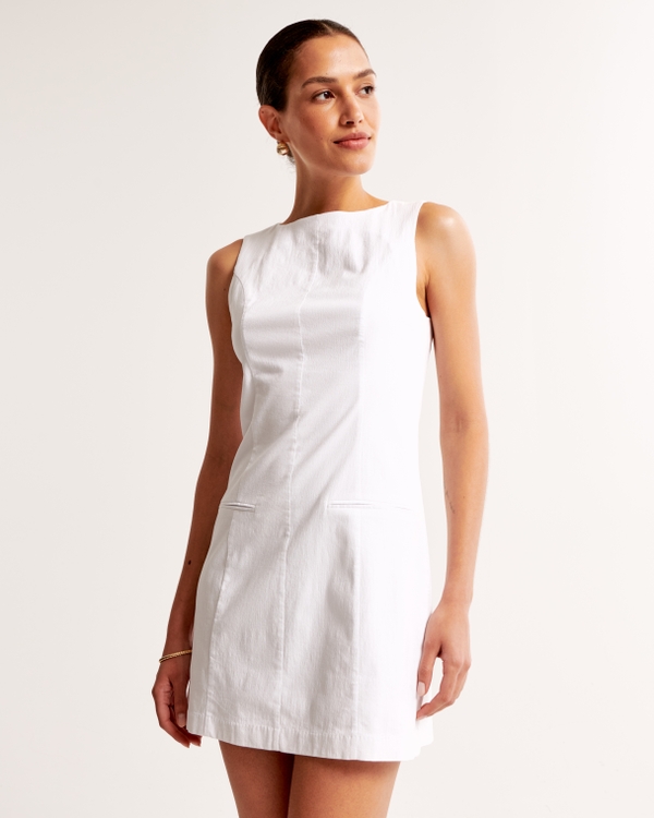 High-Neck Stretch Mini Dress, White