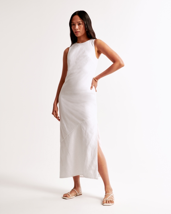 High-Neck Linen-Blend Maxi Dress, White