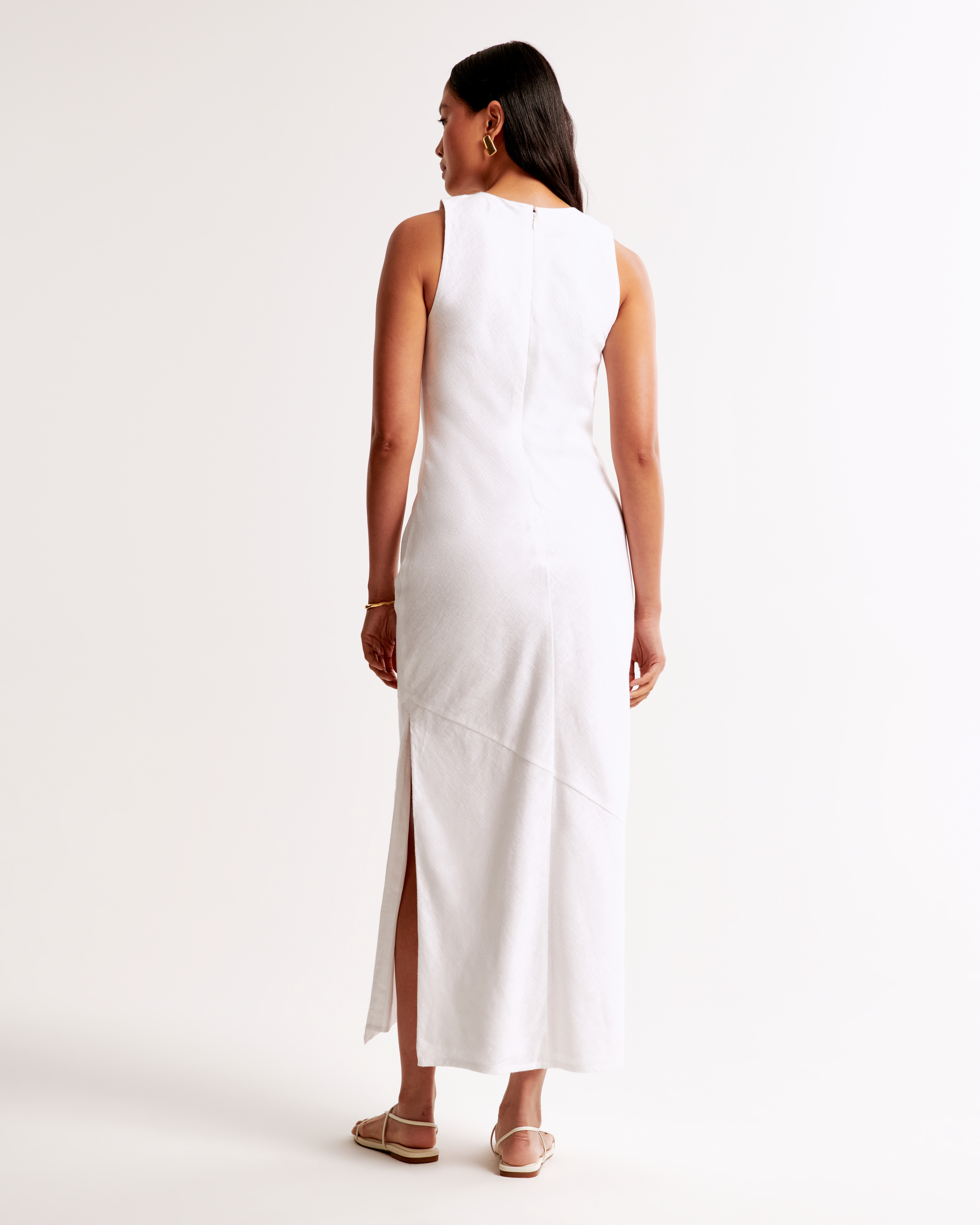 Abercrombie & Fitch High-neck Linen-blend Maxi Dress In White