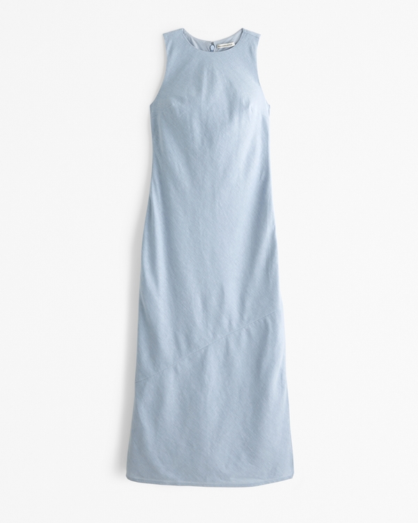 High-Neck Linen-Blend Maxi Dress, Light Blue