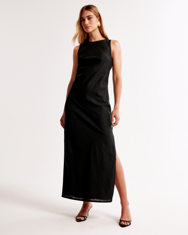 High-Neck Linen-Blend Maxi Dress, Black