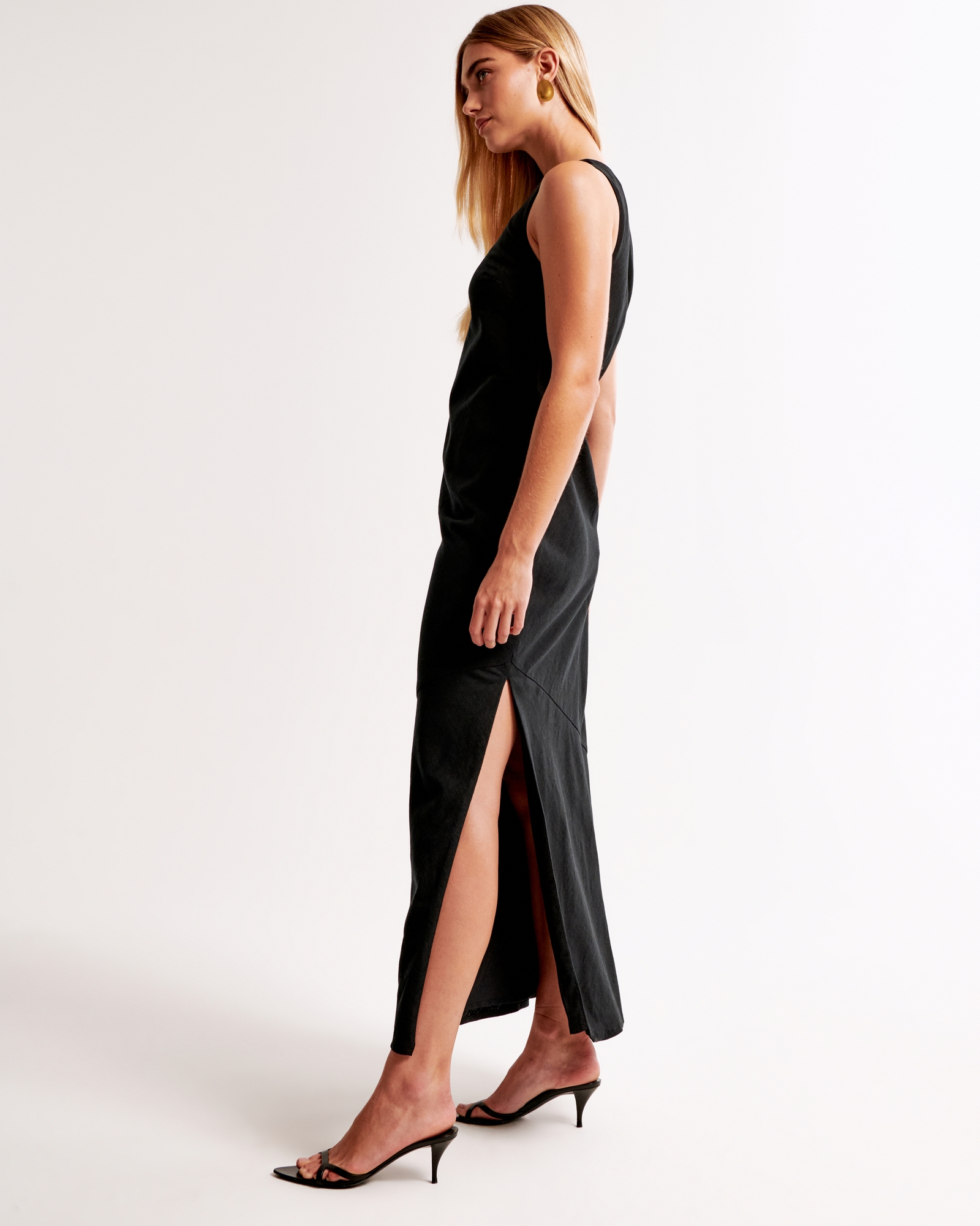 High-Neck Linen-Blend Maxi Dress