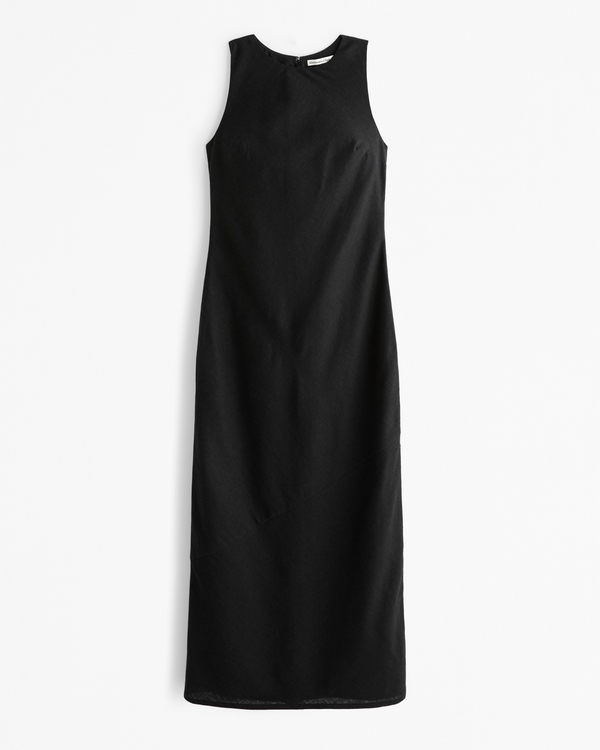 High-Neck Linen-Blend Maxi Dress, Black