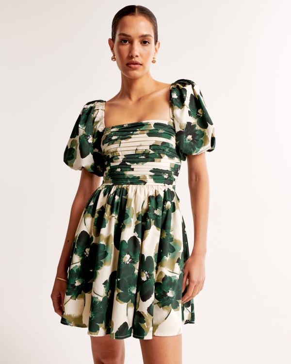 Emerson Waisted Poplin Mini Dress, Green Floral