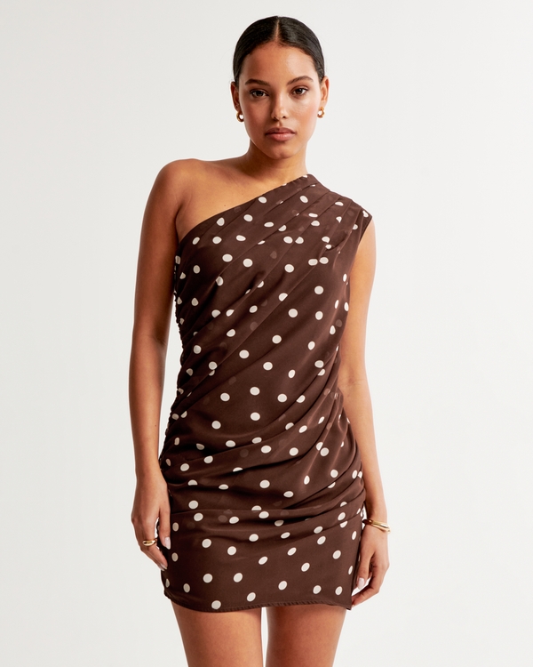 One-Shoulder Chiffon Mini Dress, Dark Brown Polka Dot
