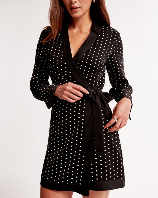 Long-Sleeve Wrap Mini Dress, Black Dot