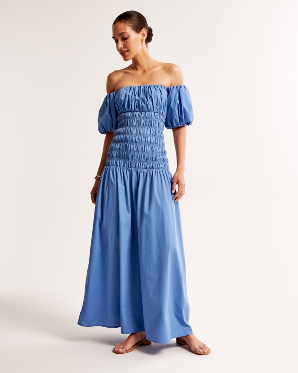 Smocked Drop-Waist Maxi Dress, Blue