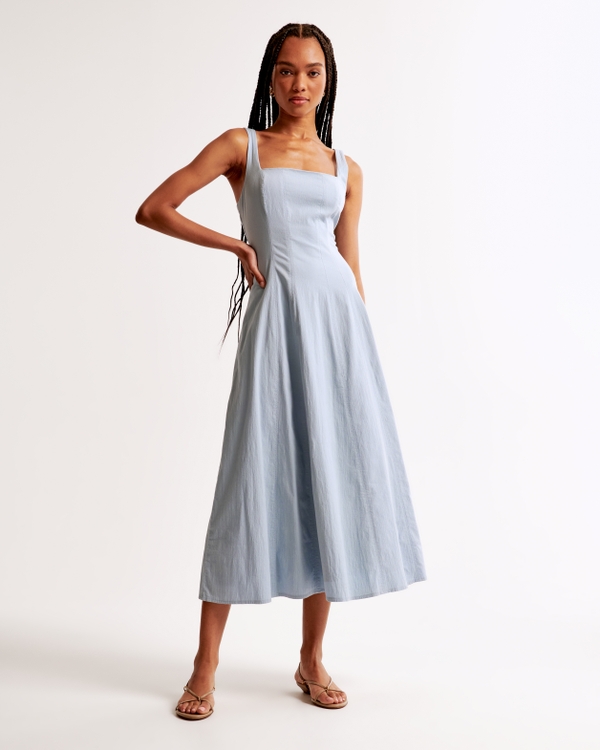 Fit & Flare Stretch Midi Dress, Light Blue