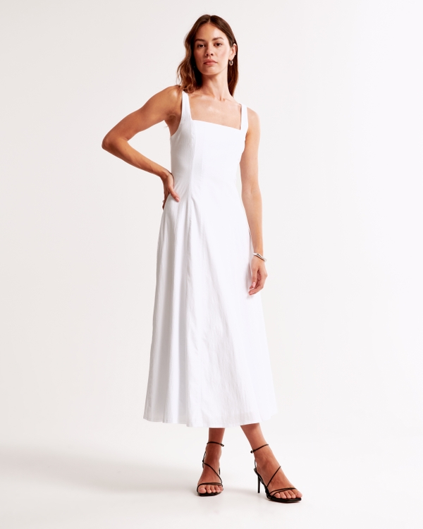 Fit & Flare Stretch Midi Dress, White