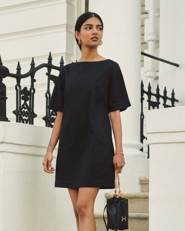 Linen-Blend T-Shirt Dress, Black