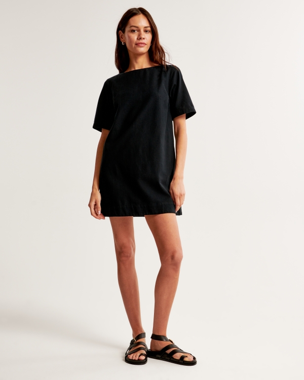 Linen-Blend T-Shirt Dress, Black