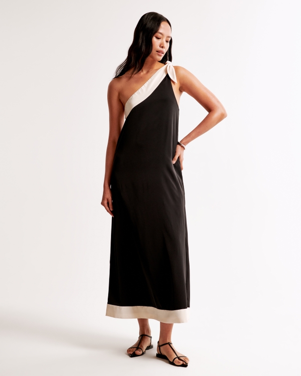 One-Shoulder Scarf Midi Dress, Black