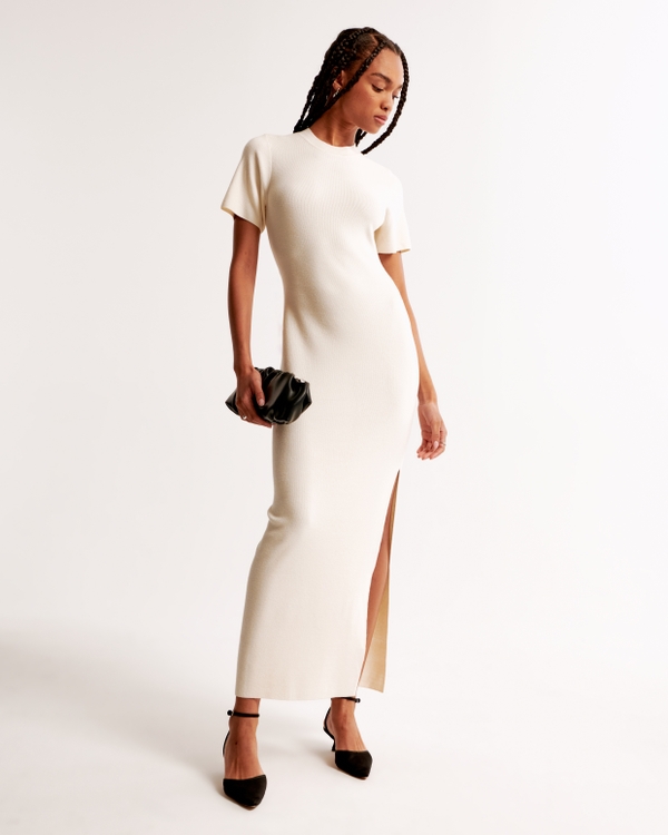 Short-Sleeve Maxi Sweater Dress, Cream