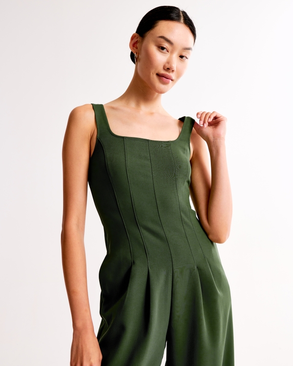 Squareneck Seamed Jumpsuit, Dark Green view 2
