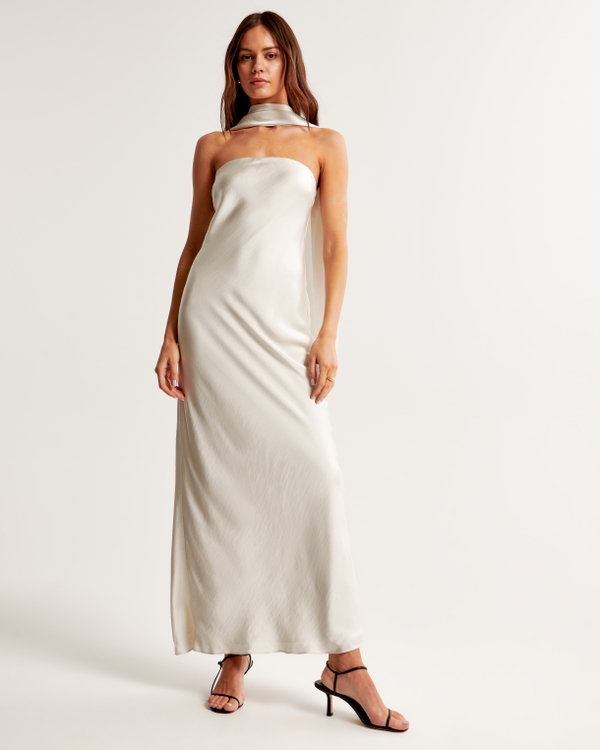 Strapless Scarf Slip Gown, White