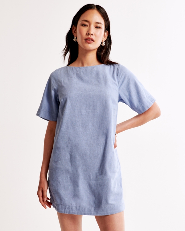Linen-Blend T-Shirt Dress, Light Blue