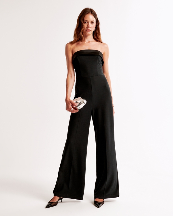 Strapless Mixed Fabric Jumpsuit, Black