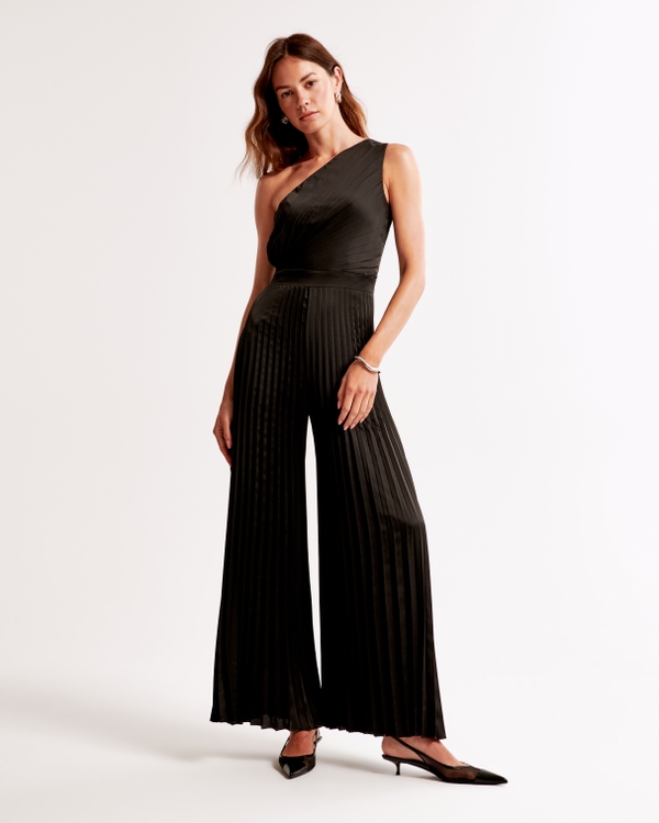 The A&F Giselle Pleated One-Shoulder Jumpsuit, Black
