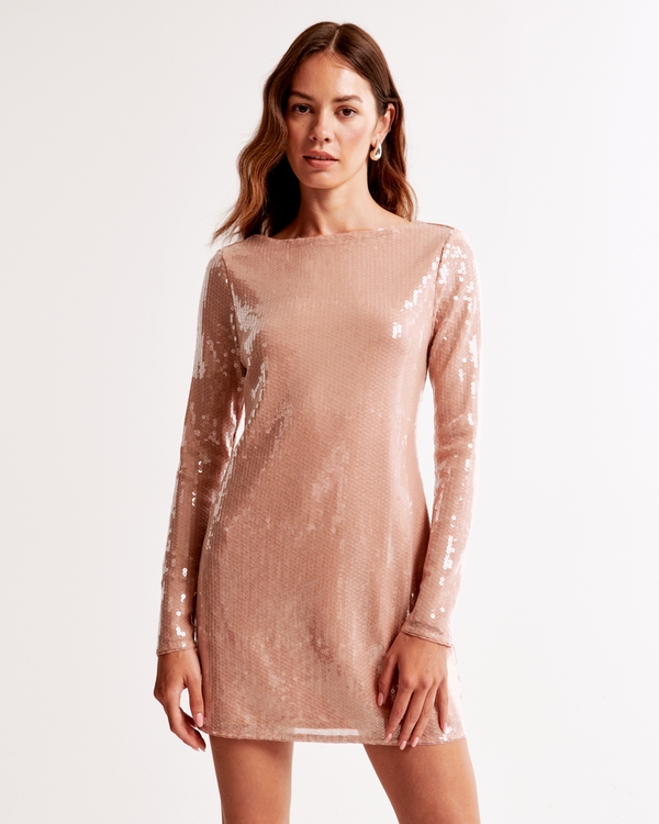 Slash Sequin Mini Dress, Dusty Pink