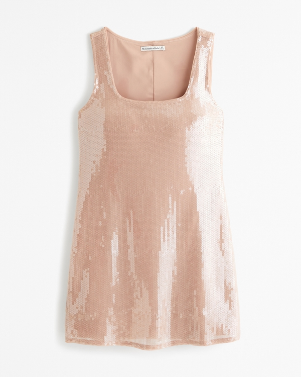 Sequin Squareneck Mini Dress, Dusty Pink