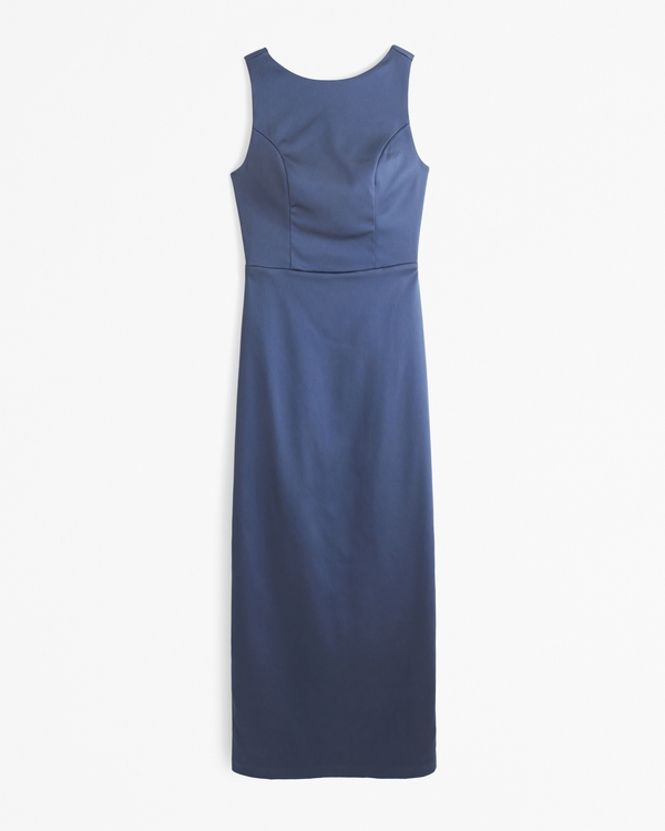 High-Neck Satin Sculpt Midi Dress, Blue