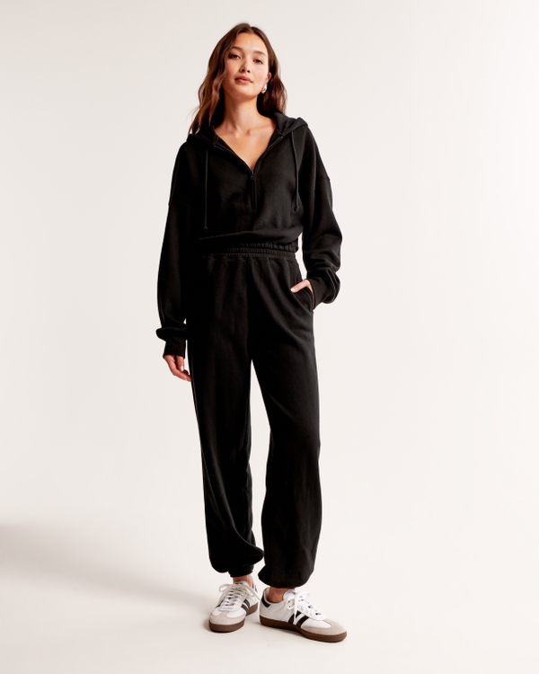 Long-Sleeve Hooded Fleece Jumpsuit, Black