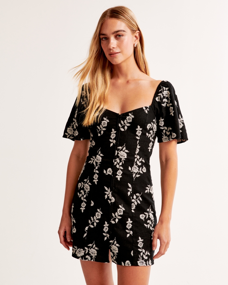 Linen-Blend Button-Through Mini Dress