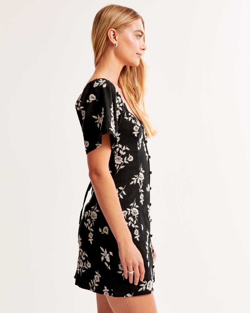Linen-Blend Button-Through Mini Dress