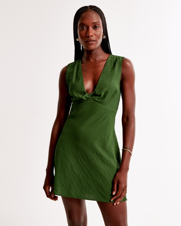 Twist-Front Mini Dress, Dark Green