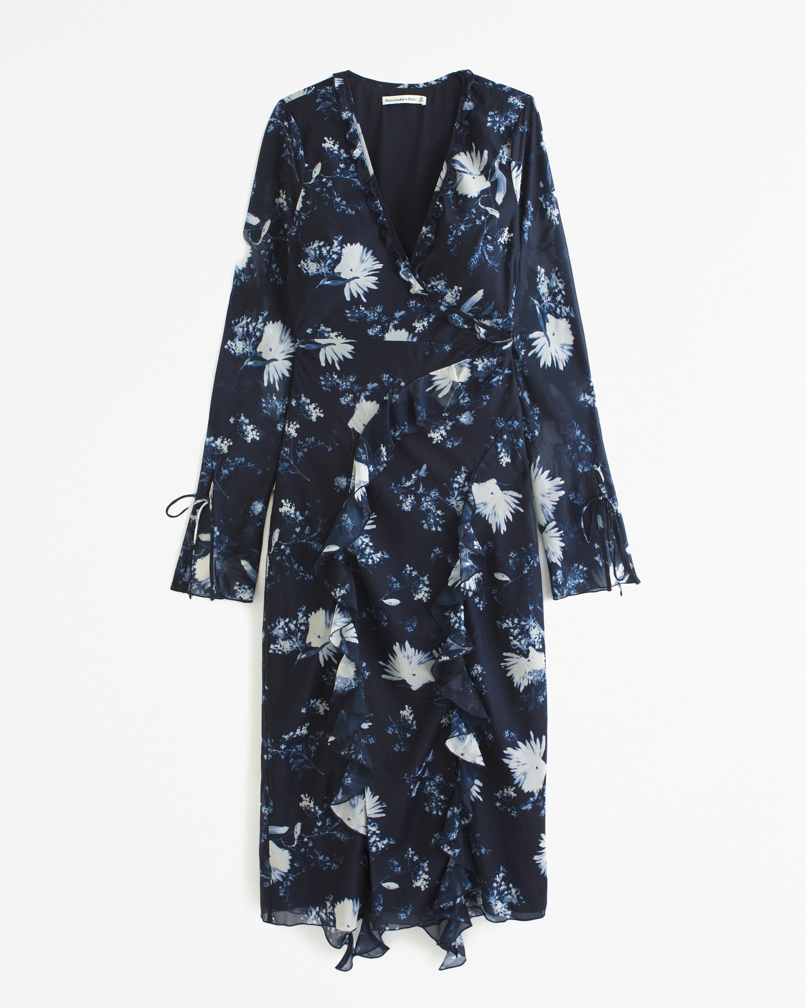 abercrombie chiffon wrap dress Abercrombie & Fitch Plunge Ruffle Long-Sleeve Midi Dress