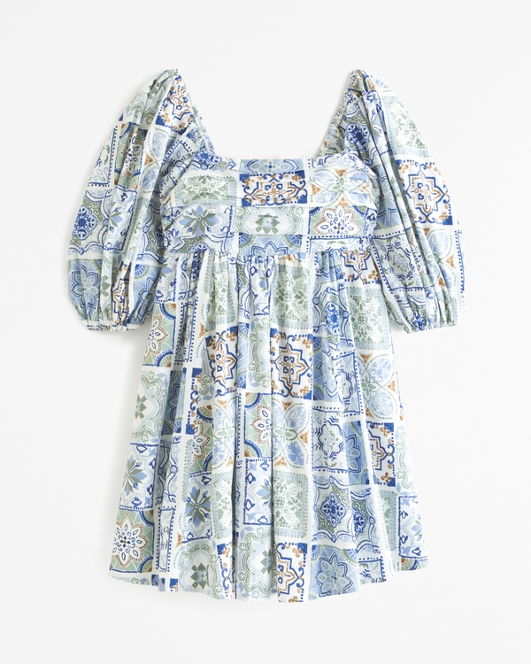 The A&F Emerson Poplin Puff Sleeve Mini Dress, Blue Pattern