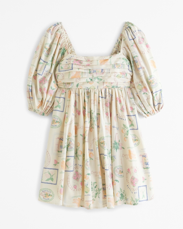Emerson Poplin Puff Sleeve Mini Dress, Cream Pattern